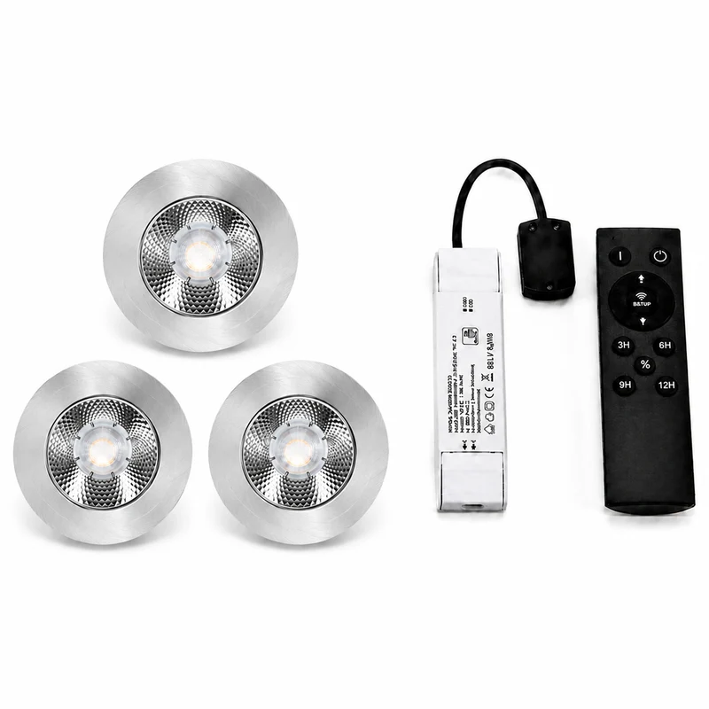 3x Baston LED Einbaustrahler Küche Ø55mm | dimmbare Küchenbeleuchtung | Unterbauleuchte Küche & Schrankbeleuchtung | 2700K | inkl. Fernbedienung | 3W | Silber