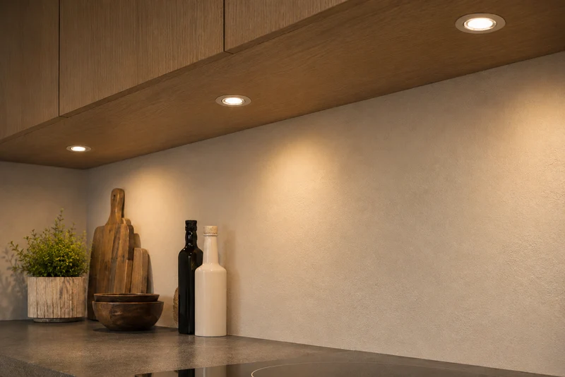 3x Baston LED Einbaustrahler Küche Ø55mm | dimmbare Küchenbeleuchtung | Unterbauleuchte Küche & Schrankbeleuchtung | 2700K | inkl. Fernbedienung | 3W | Silber