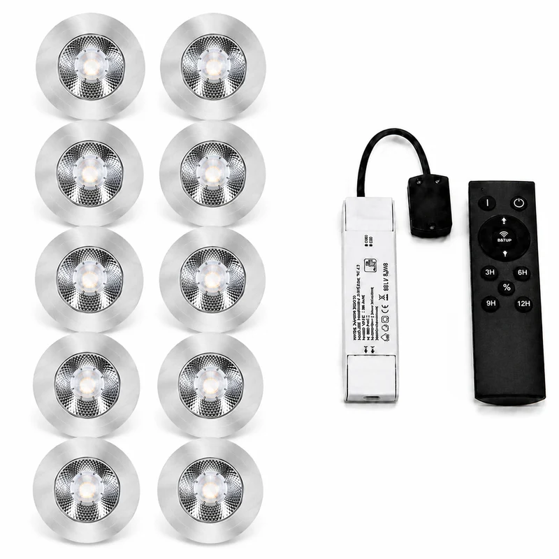 10x Baston LED Einbaustrahler Küche Ø55mm | dimmbare Küchenbeleuchtung | Unterbauleuchte Küche & Schrankbeleuchtung | 2700K | inkl. Fernbedienung | 3W | Silber