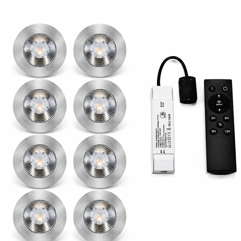 8x Baston LED Einbaustrahler Küche Ø55mm | dimmbare Küchenbeleuchtung | Unterbauleuchte Küche & Schrankbeleuchtung | 2700K | inkl. Fernbedienung | 3W | Silber