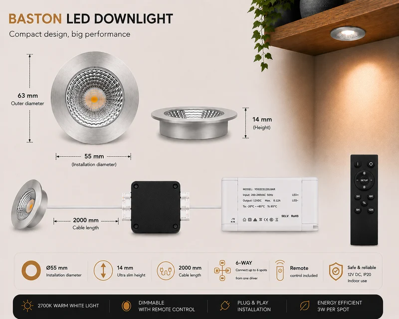 8x Baston LED Einbaustrahler Küche Ø55mm | dimmbare Küchenbeleuchtung | Unterbauleuchte Küche & Schrankbeleuchtung | 2700K | inkl. Fernbedienung | 3W | Silber