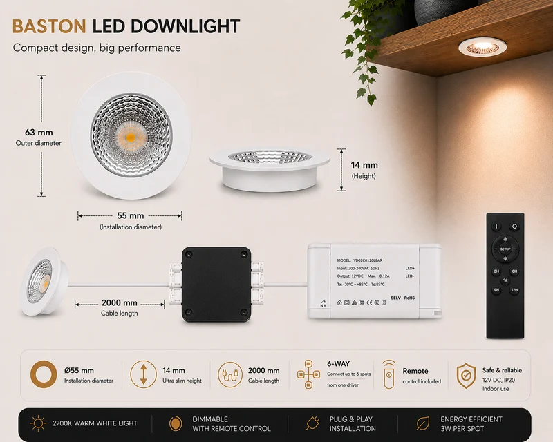 10x Baston LED Einbaustrahler Küche Ø55mm | dimmbare Küchenbeleuchtung | Unterbauleuchte Küche & Schrankbeleuchtung | 2700K | inkl. Fernbedienung | 3W | Weiß