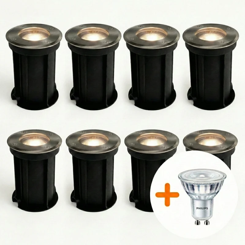 8-teilig | LED-Bodenstrahler GU10 rund | Rhodes | Edelstahl | IP66 | Inkl. PHILIPS Lichtquelle