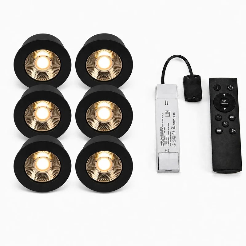 6x Baston LED Einbaustrahler Küche Ø55mm | dimmbare Küchenbeleuchtung | Unterbauleuchte Küche & Schrankbeleuchtung | 2700K | inkl. Fernbedienung | 3W | Schwarz