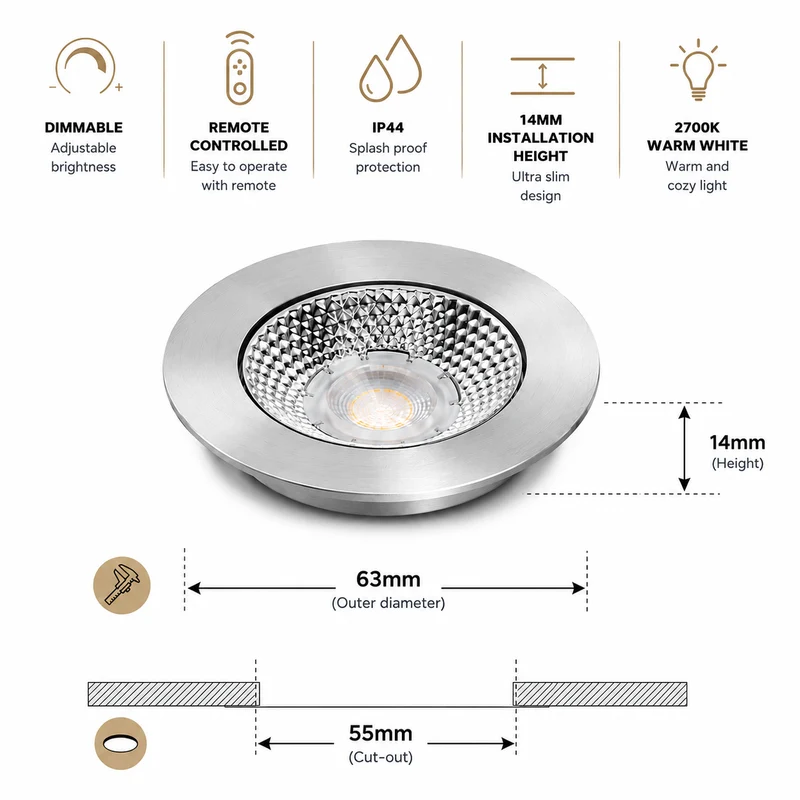 4x Baston LED Einbaustrahler Küche Ø55mm | dimmbare Küchenbeleuchtung | Unterbauleuchte Küche & Schrankbeleuchtung | 2700K | inkl. Fernbedienung | 3W | Silber