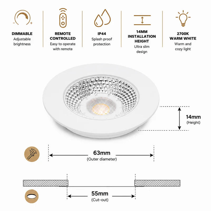 4x Baston LED Einbaustrahler Küche Ø55mm | dimmbare Küchenbeleuchtung | Unterbauleuchte Küche & Schrankbeleuchtung | 2700K | inkl. Fernbedienung | 3W | Weiß