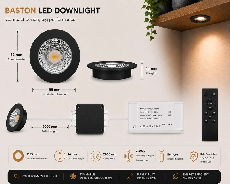 4x Baston LED Einbaustrahler Küche Ø55mm | dimmbare Küchenbeleuchtung | Unterbauleuchte Küche & Schrankbeleuchtung | 2700K | inkl. Fernbedienung | 3W | Schwarz