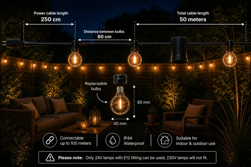 50M Lichterkette mit Fernbedienung | Inkl. 87x LED-Lampen | DIMMBAR | 1W | 2700K | 24V | Plug & Play | Verbindbar