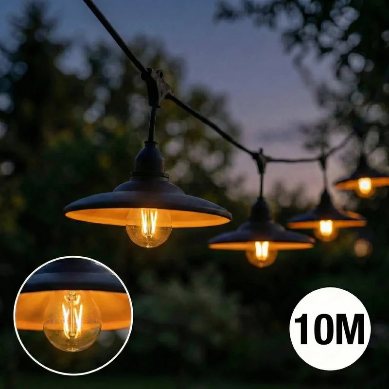 Komplette Lichterkette mit 10 Lampenschirmen | 10 Meter | Schwarzer Lampenschirm | Verkettbar | E27 | Inkl. 1-W-Glühbirnen