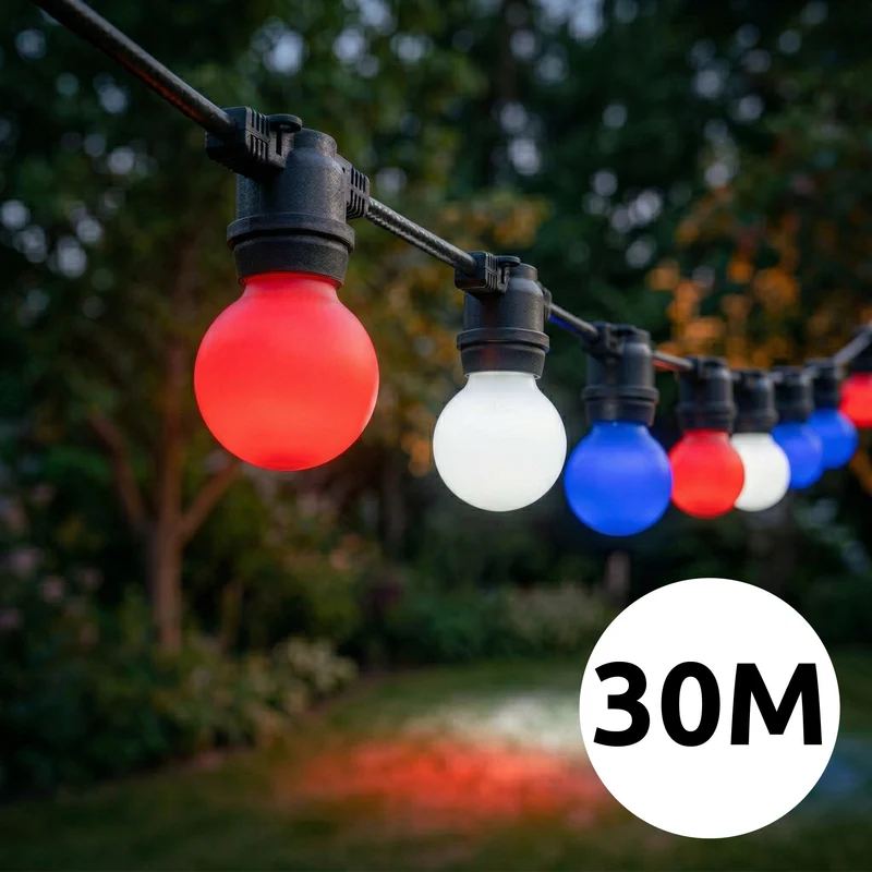 Rot-weiß-blaue Lichterkette | 30 Meter | inkl. farbiger Glühbirnen