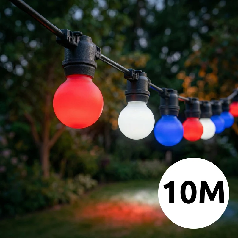 Rot-weiß-blaue Lichterkette | 10 Meter | inkl. farbiger Glühbirnen