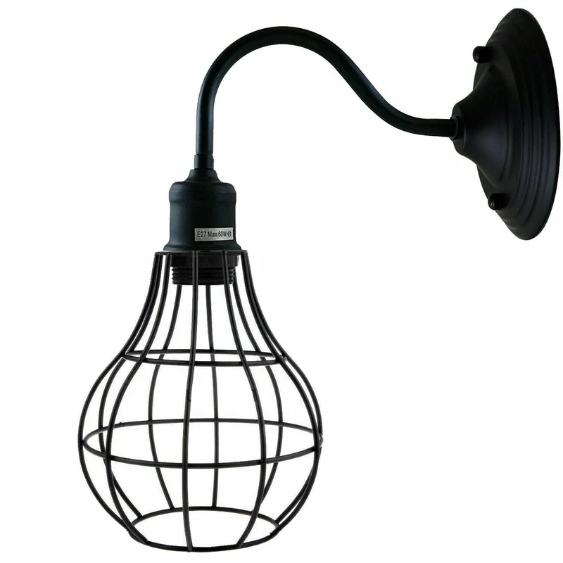 Vintage Wandleuchte Metall Käfig | Retro Schwanenhals Lampe Schwarz ~4074