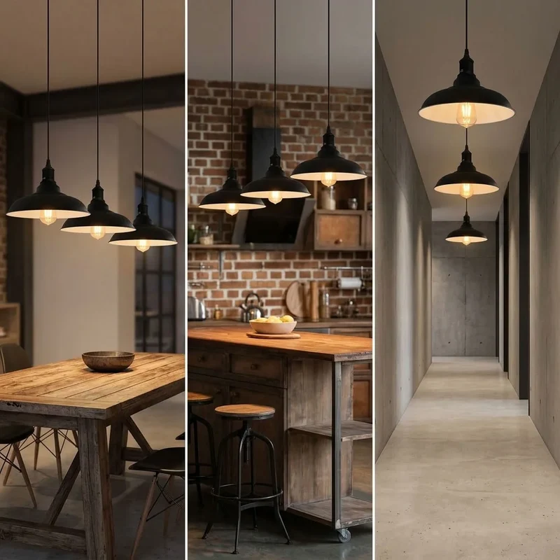 Fabrik Pendelleuchte einzeln | E27 Schwarz Metall Esstisch Lampe |Ø 32cm~4115