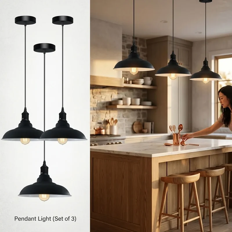 Fabrik Pendelleuchte einzeln | E27 Schwarz Metall Esstisch Lampe |Ø 32cm~4115