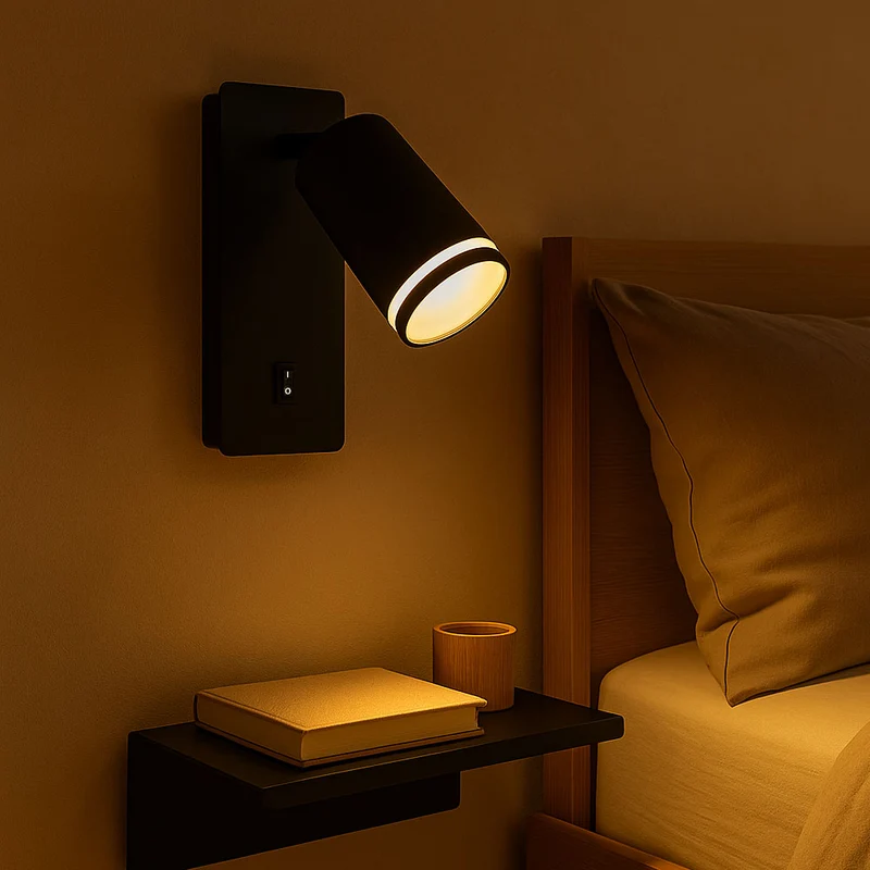 LED-Wandleuchte – Nachttischlampe mit Schalter | Schwarz mit weißem Ring | GU10-Fassung