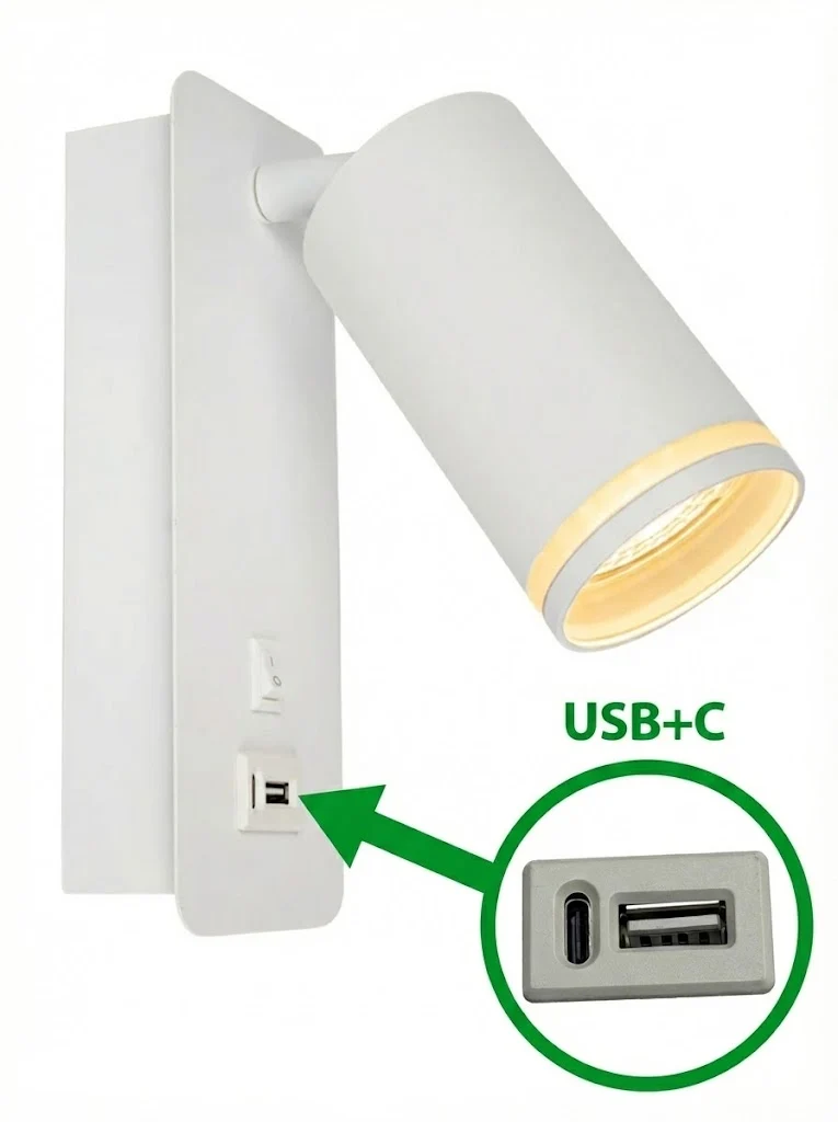 LED-Wandleuchte - Nachttischleuchte mit USB+C-Anschluss | GU10-Fassung | Weiß