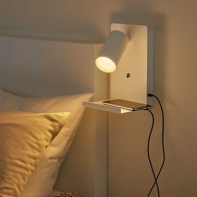 LED Wandleuchte - Nachttischleuchte mit Plateau | inkl. USB | Weiß | GU10-Fassung