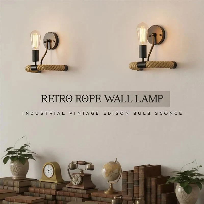 Retro Industrie Loft Seil Wandleuchte Schwarz | E27 Edison~3442