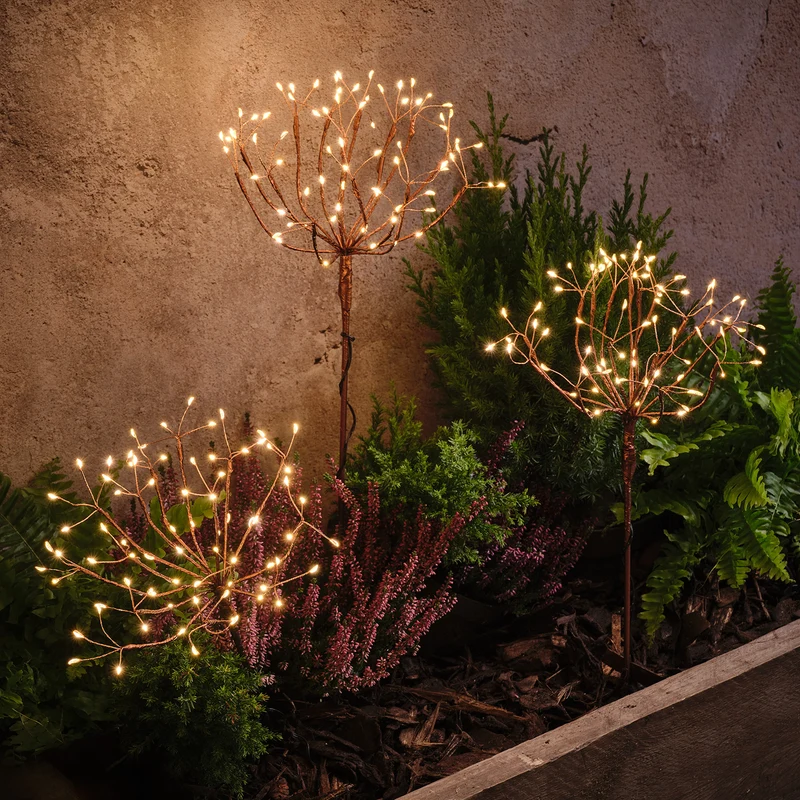 3er Set Solar Feuerwerk Gartenstecker mit warmweißen Mikro-LEDs