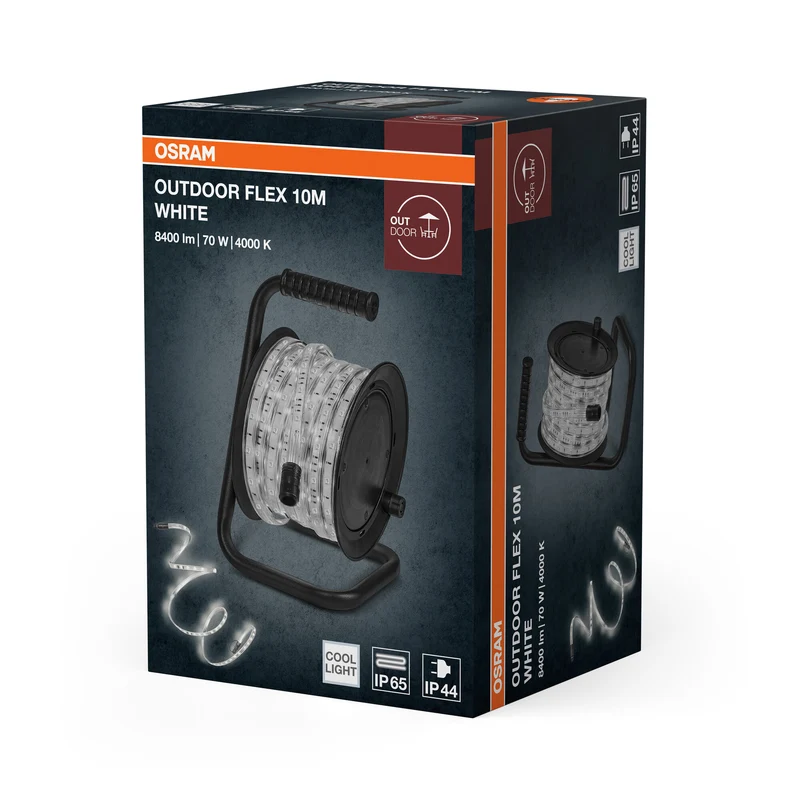 OSRAM Outdoor Flex LED Streifen 10M IP65, kaltweiß, bis 50 m erweiterbar, inkl. Kabeltrommel, Montagezubehör, Anschlusskabel