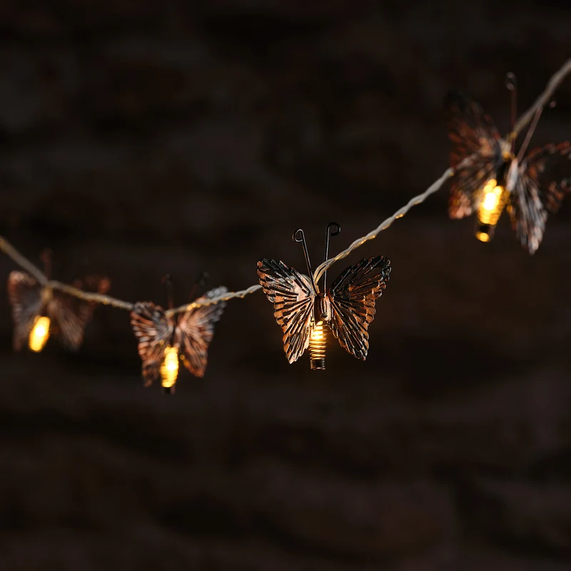 Solar-Lichterkette mit kupferfarbenen Schmetterlingen mit 10 warmweißen LEDs