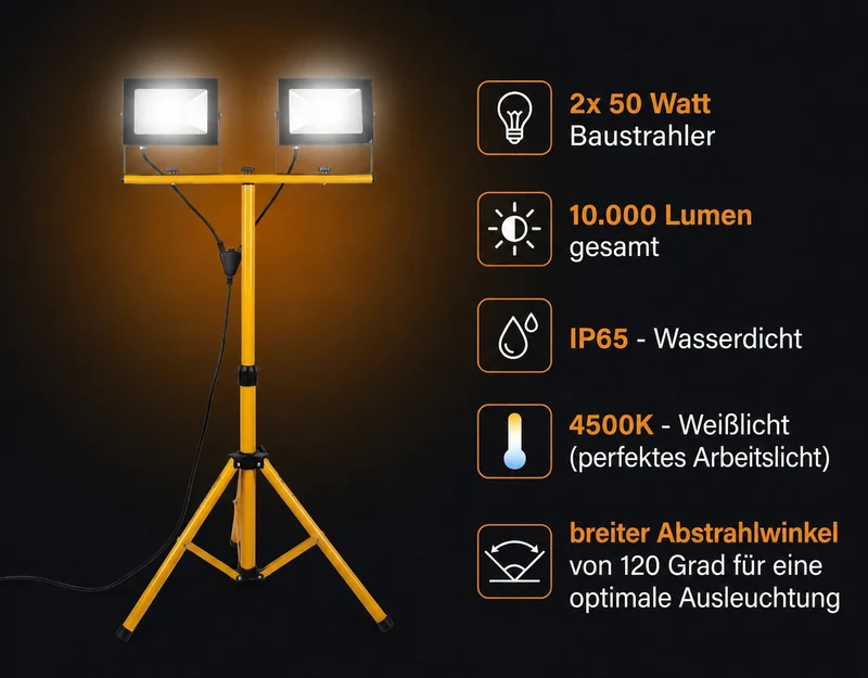 Doppelte LED-Baulampe 2x 50W auf Stativ | 4500K – Tageslichtweiß