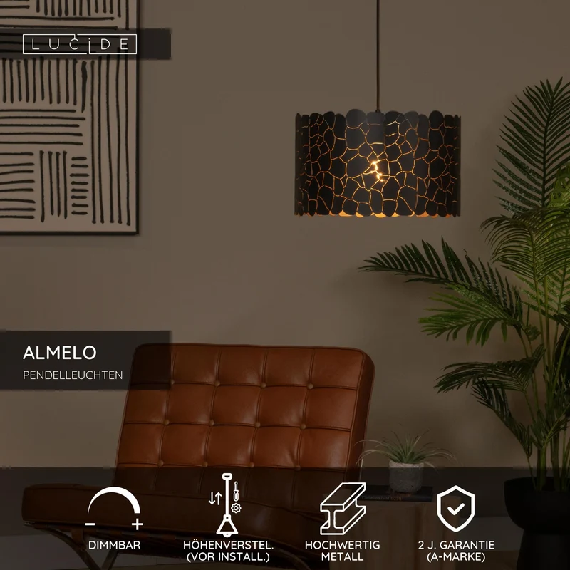 Pendelleuchte Almelo in Zylinderform mit Giraffenmotiv höhenverstellbar Schwarz, Messing 40cm