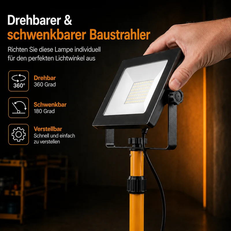 Einzelne LED-Bauleuchte 1x 50W auf Stativ | 4500K – Tageslichtweiß