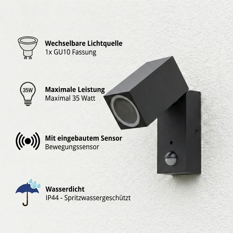 LED neigbare Wandleuchte mit Sensor | GU10-Fassung | IP44