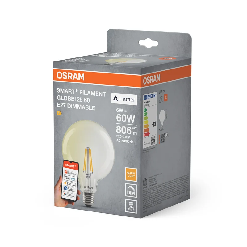 OSRAM SMART+ MATTER Filament Classic shapes Dimmable in Globus-Form, LED-Lampe, Glas, klar, 6 W, 806 lm, 2700 K, Matter, Smartspeaker-Kompatibel, Dimmbar