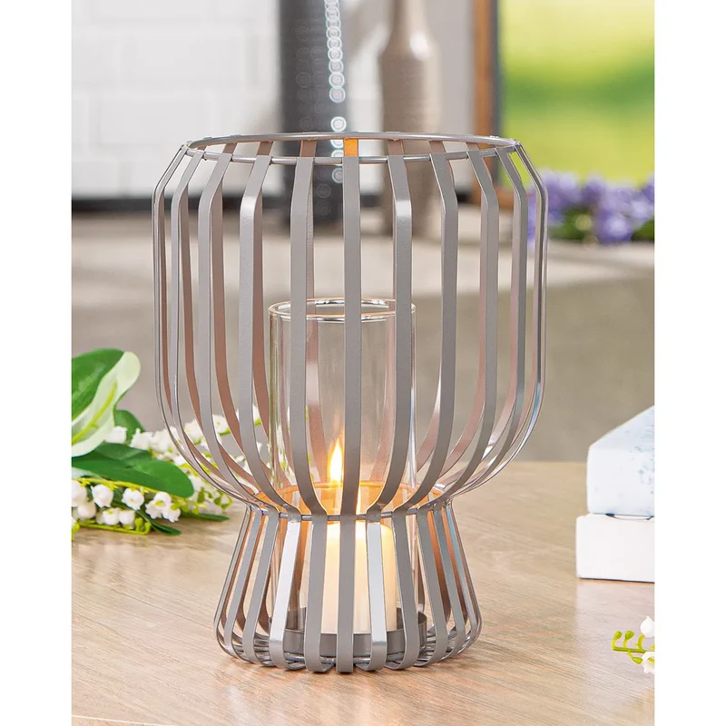 Windlicht – Mattes Metall, Glas Einsatz, Graue Oberfläche, 24cm Höhe - Scola | Gilde
