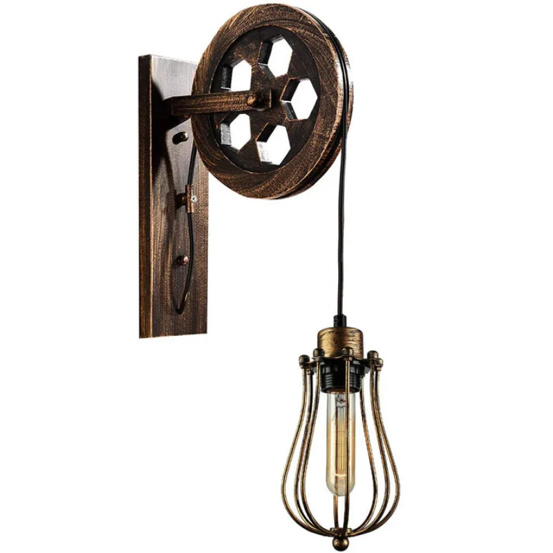 Vintage Wandlampe mit Riemenscheibe & Käfig-Schirm ~3171