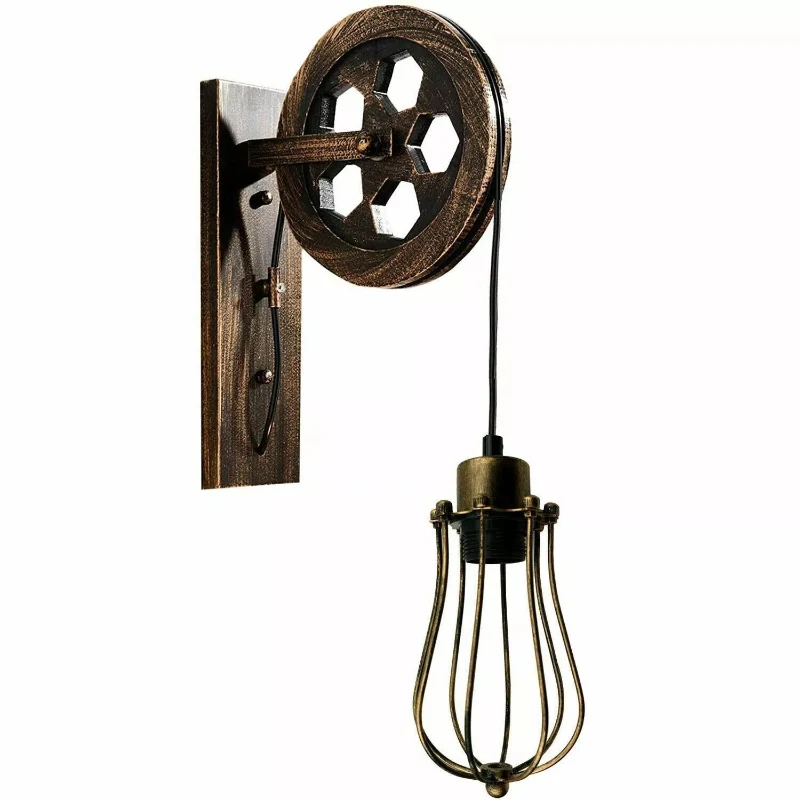 Vintage Wandlampe mit Riemenscheibe & Käfig-Schirm ~3171