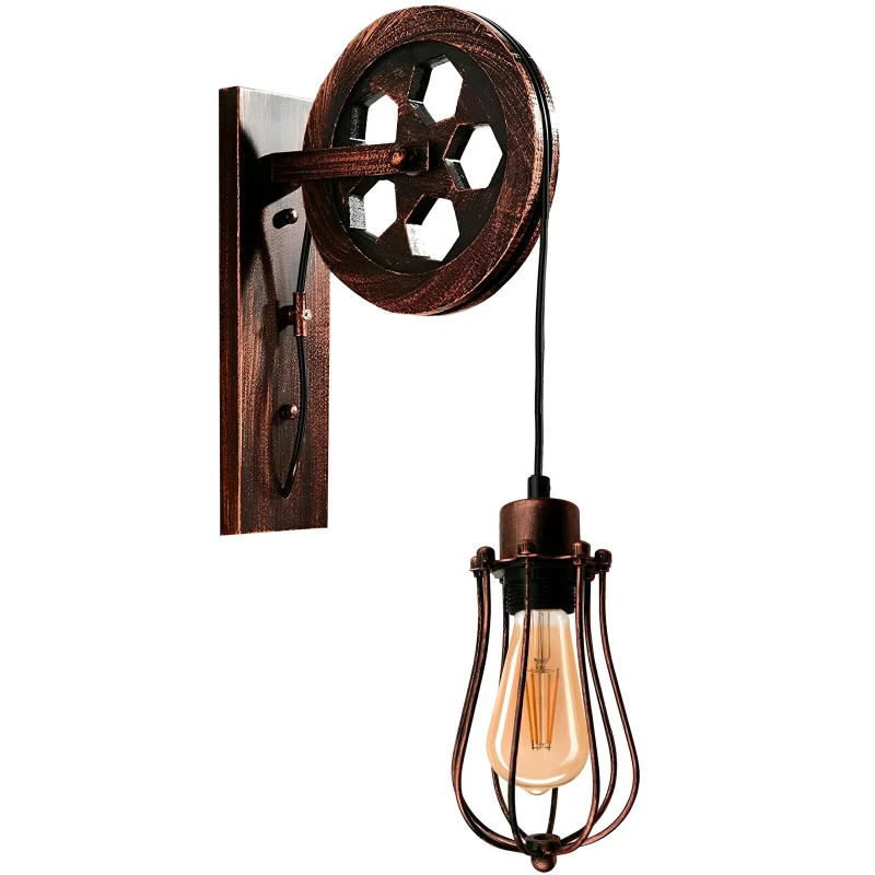 Vintage Wandlampe mit Riemenscheibe & Käfig-Schirm ~3171