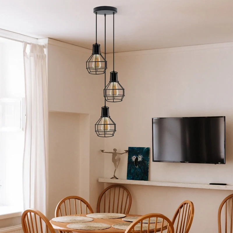 Retro Pendelleuchte 3 Flammig Cluster Käfig Schwarz E27~3148