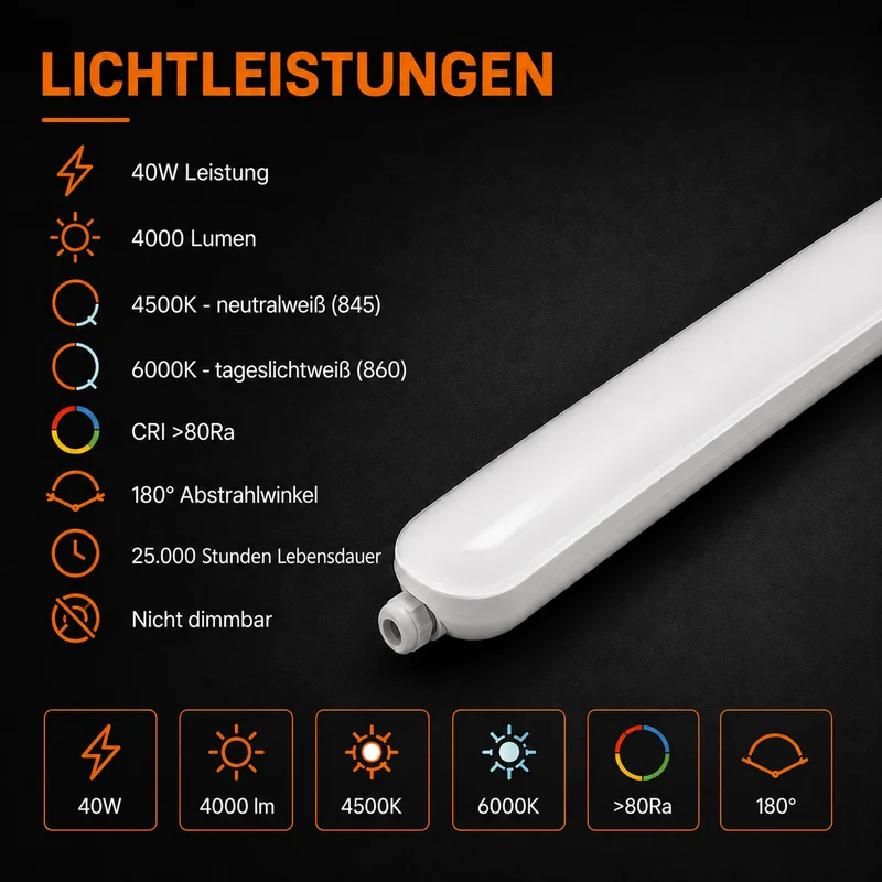 Notbeleuchtung LED-Wannenleuchte | 40 W | 150 cm | 4000 lm | IP65 wasserdicht