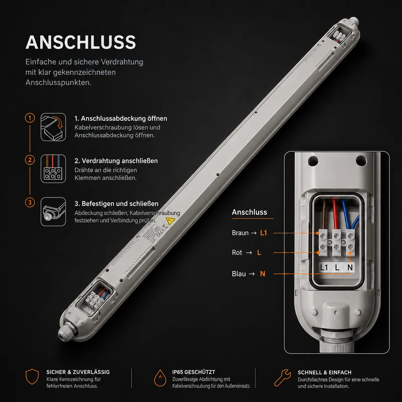 Notbeleuchtung LED-Wannenleuchte | 40 W | 150 cm | 4000 lm | IP65 wasserdicht