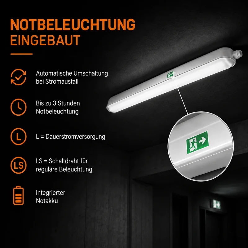 Notbeleuchtung LED-Wannenleuchte | 40 W | 150 cm | 4000 lm | IP65 wasserdicht