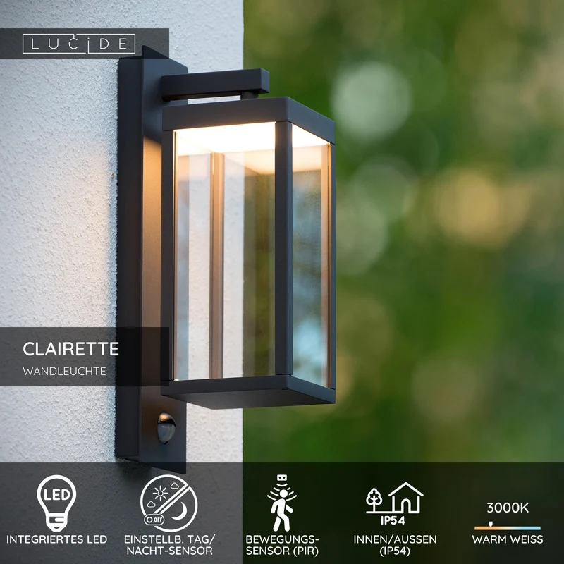 LED-Außenwandleuchte Clairette mit Bewegungsmelder IP54