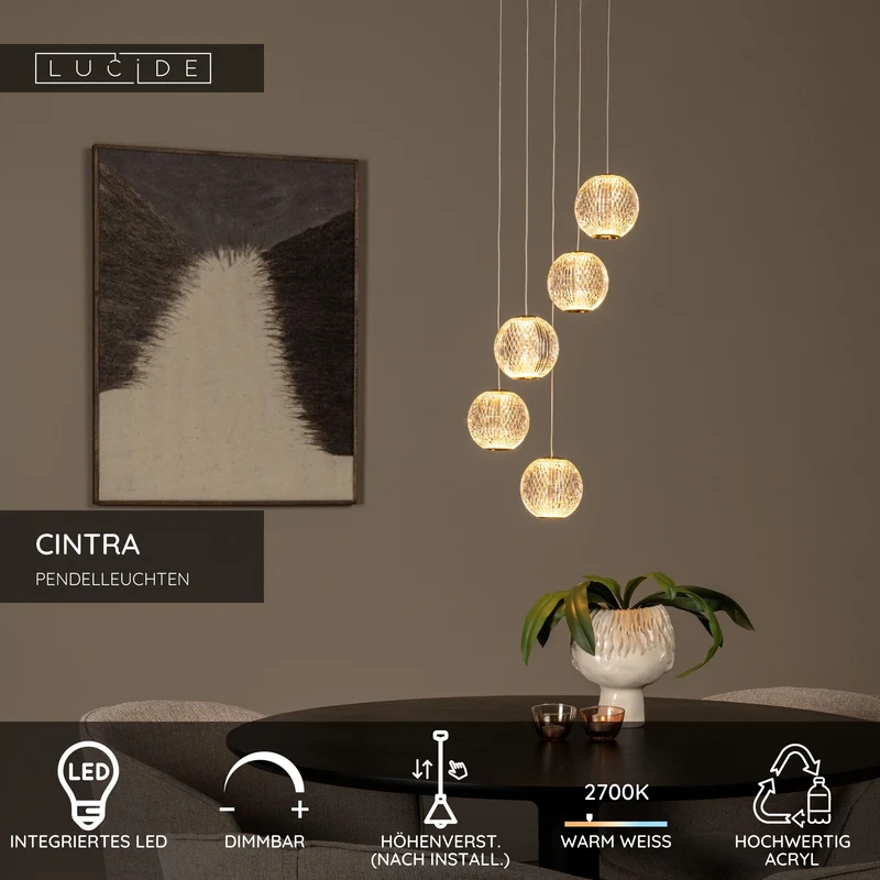 Pendelleuchte Cintra 5-flammig LED dimmbar rund Ø 32cm Warmweiß Transparent, Messing