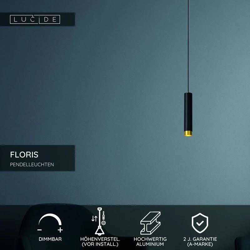 Pendelleuchte Floris Zylinderform 1-flammig höhenverstellbar Schwarz, Messing