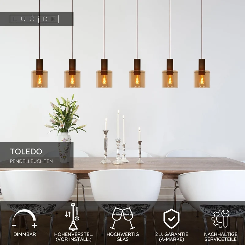 Pendelleuchte Toledo 3-flammig Glas Ø20cm höhenverstellbar Amber