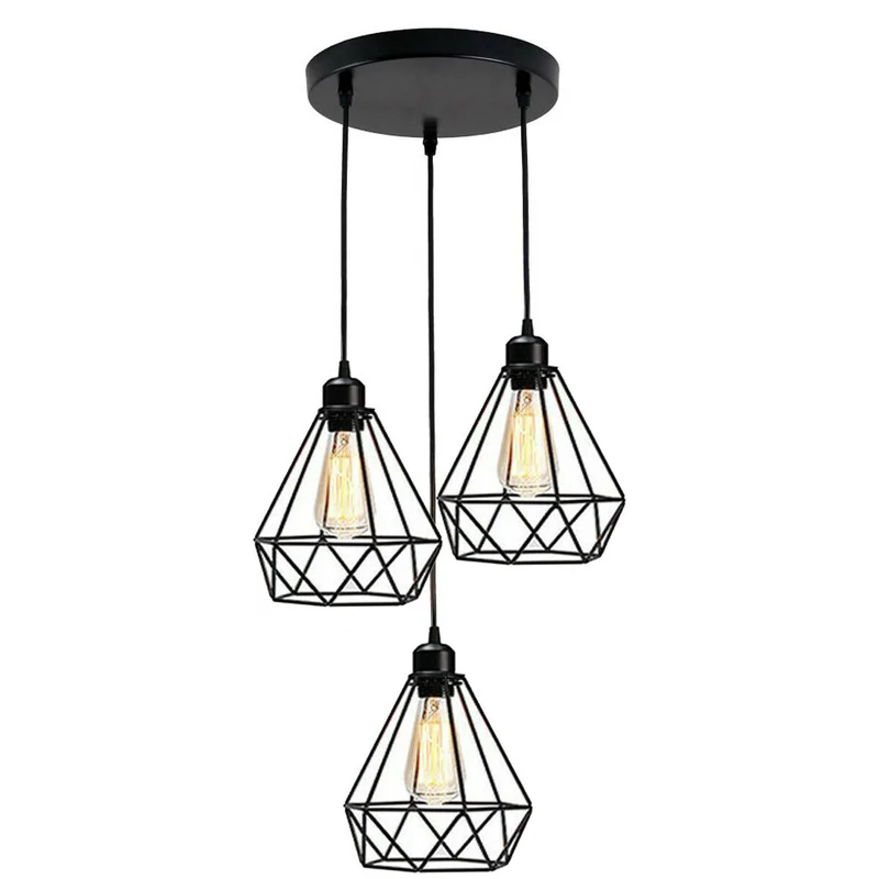 Modernes Drahtkäfig 3Wege Pendelleuchten Set in Schwarz ~3051