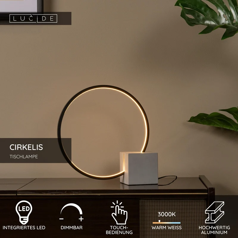 LED-Tischleuchte Cirkelis mit Touchdimmer Schwarz 32cm