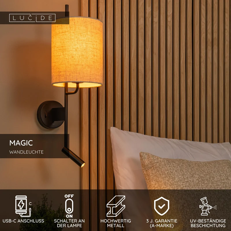Wandleuchte Magic mit USB-Ladepunkt und Stoffschirm 30cm