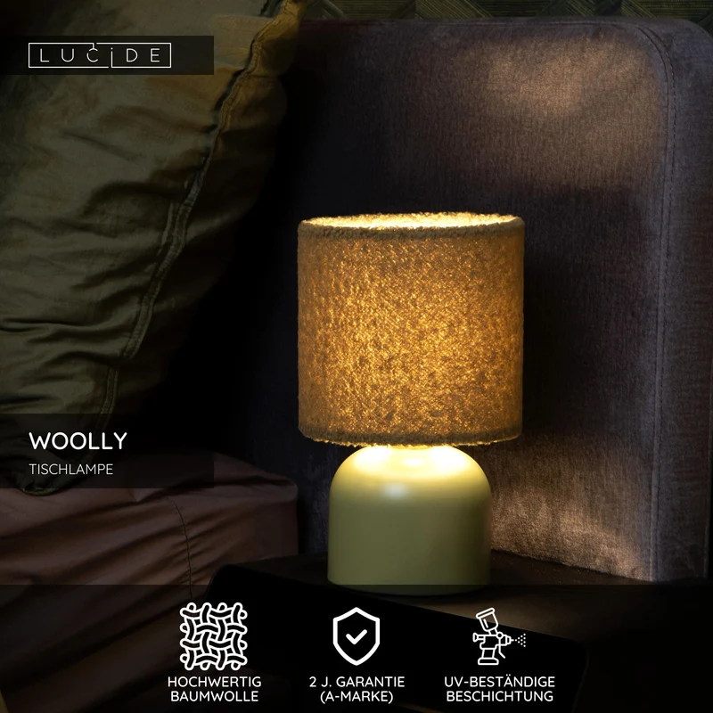 Tischleuchte Woolly mit rundem Stoffschirm Ø 16cm