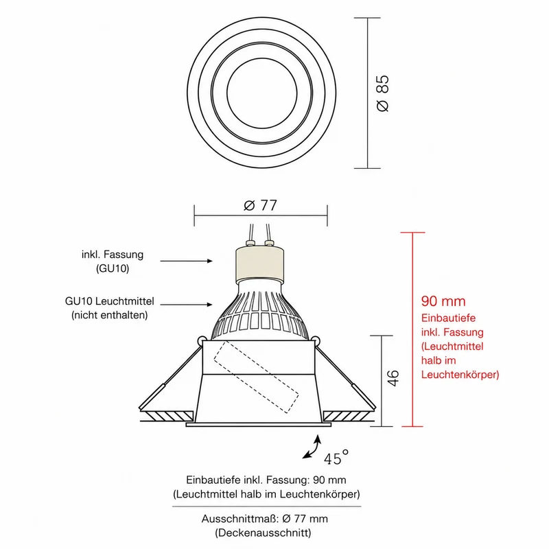 LED-Einbaustrahler | Vertieft | Rund | Ø77mm | Weiß