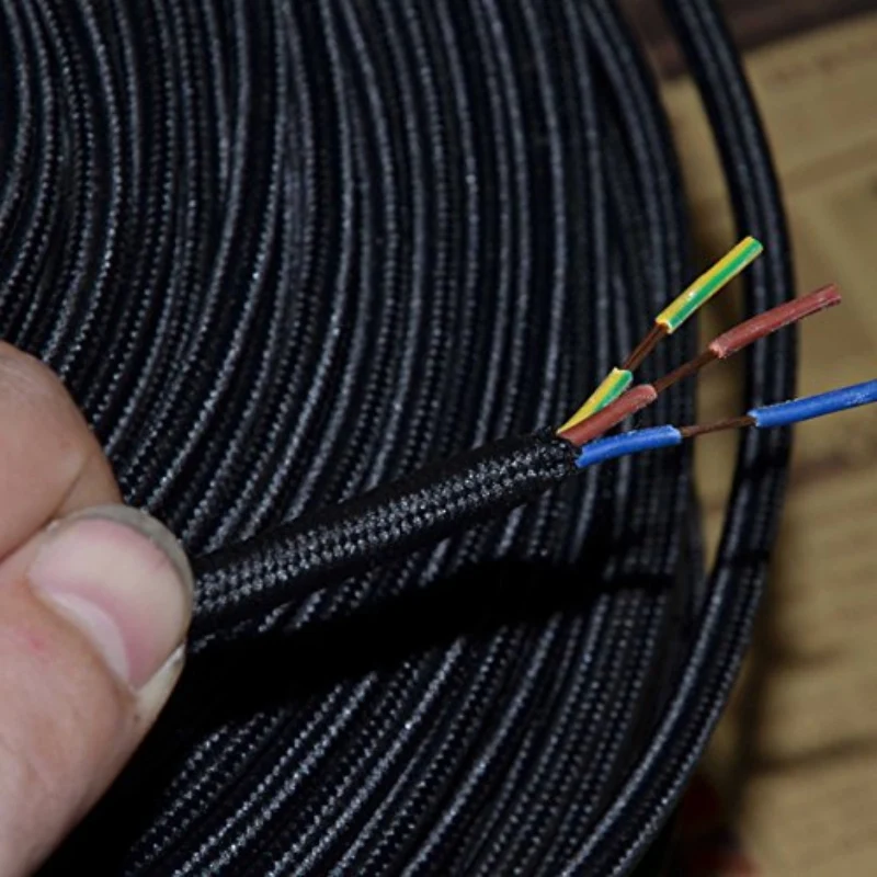 Vintage Textilkabel 3 Adriges Rundes schwarz Flex kabel~1126