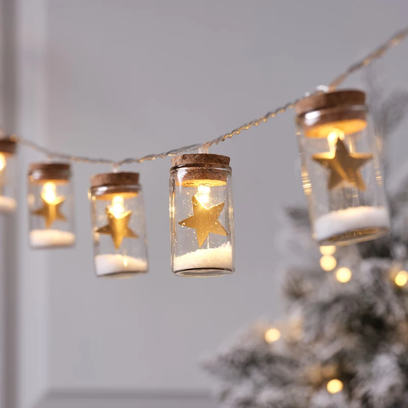 10er LED-Lichterkette Laterne mit Sternen aus Glas in Gold