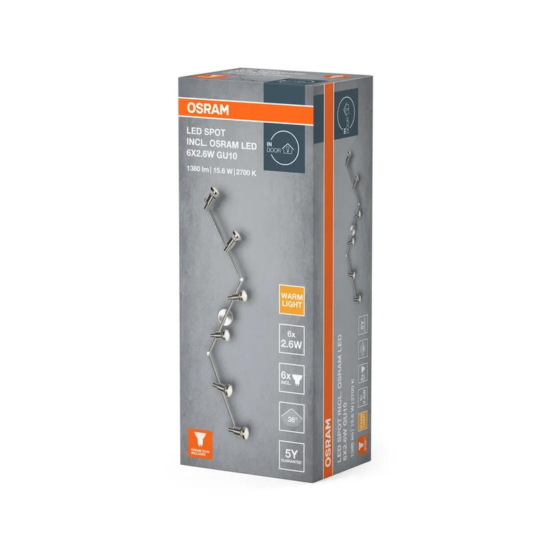 OSRAM LED Spotlight, 6-flammiger hochwertiger Spotstrahler aus Aluminium, geeignet für Wand und Decke Innen, austauschbare GU10-Leuchtmittel enthalten, Warmweiß (2700K), 3W, LED SPOT GU10 6x3W